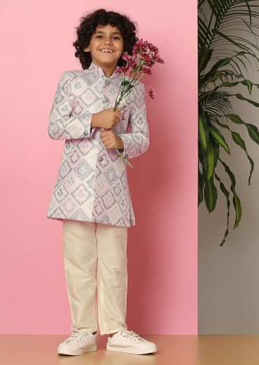Kalki Grey Printed Sherwani Set In Silk For Boys