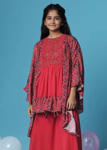 Kalki Hot Pink Embroidered Kurti And Palazzo Set In Georgette With Flared Sleeves For Girls