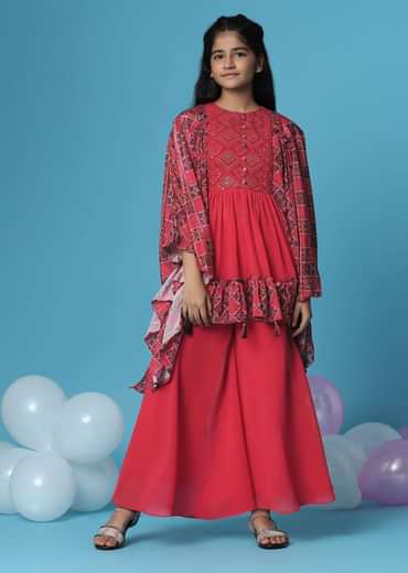 Kalki Hot Pink Embroidered Kurti And Palazzo Set In Georgette With Flared Sleeves For Girls