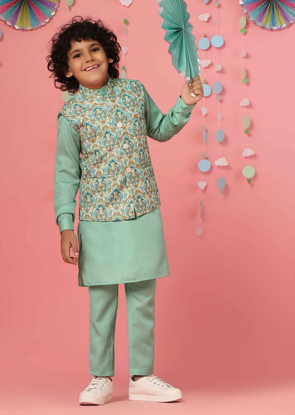 Kalki Ice Green Kurta Set In Silk With Multicolor Bandi Jacket For Boys