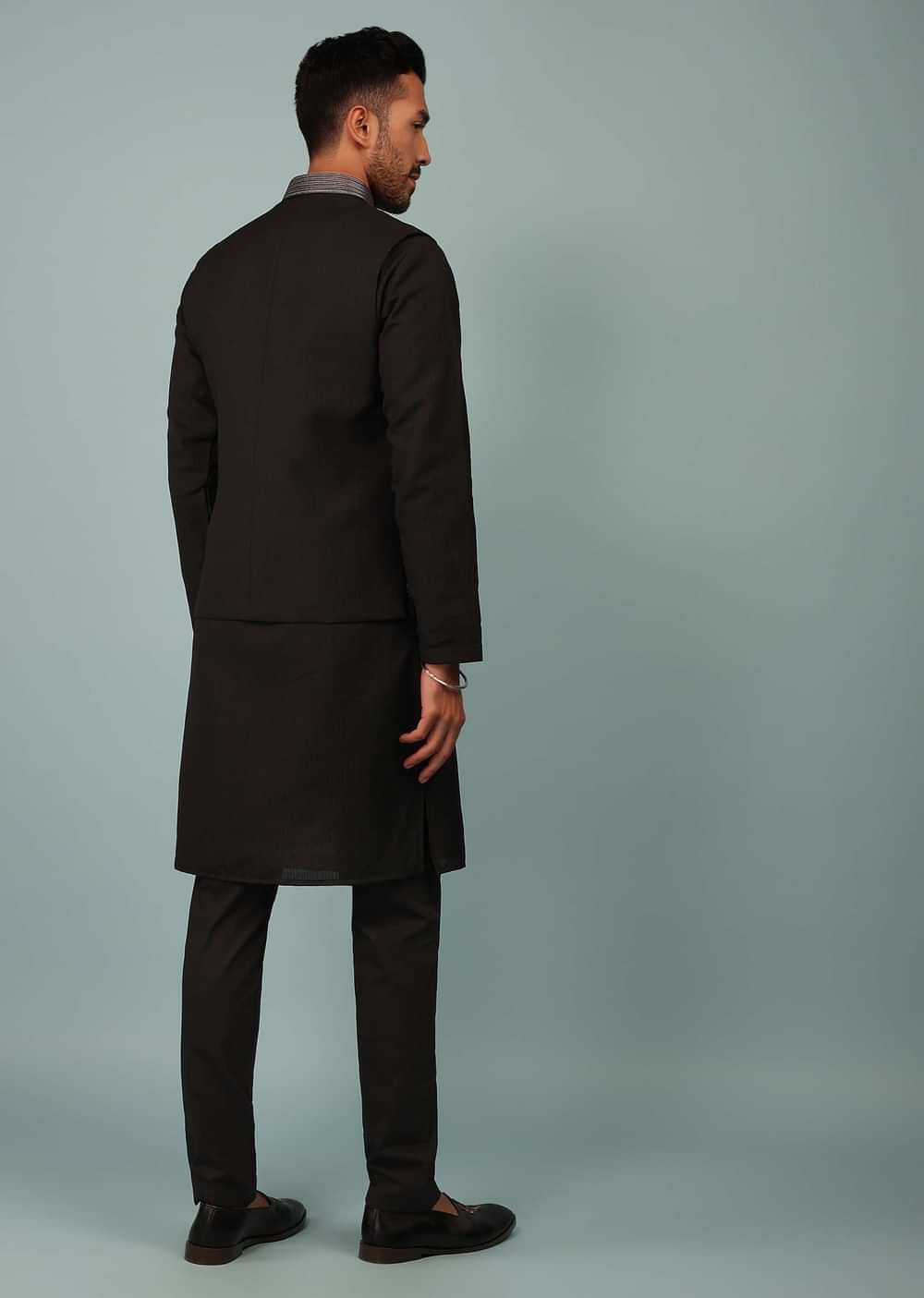 Black Bandi Jacket Set In Silk With Resham And Zari Aari Embroidery