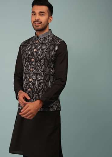 Black Bandi Jacket Set In Silk With Resham And Zari Aari Embroidery