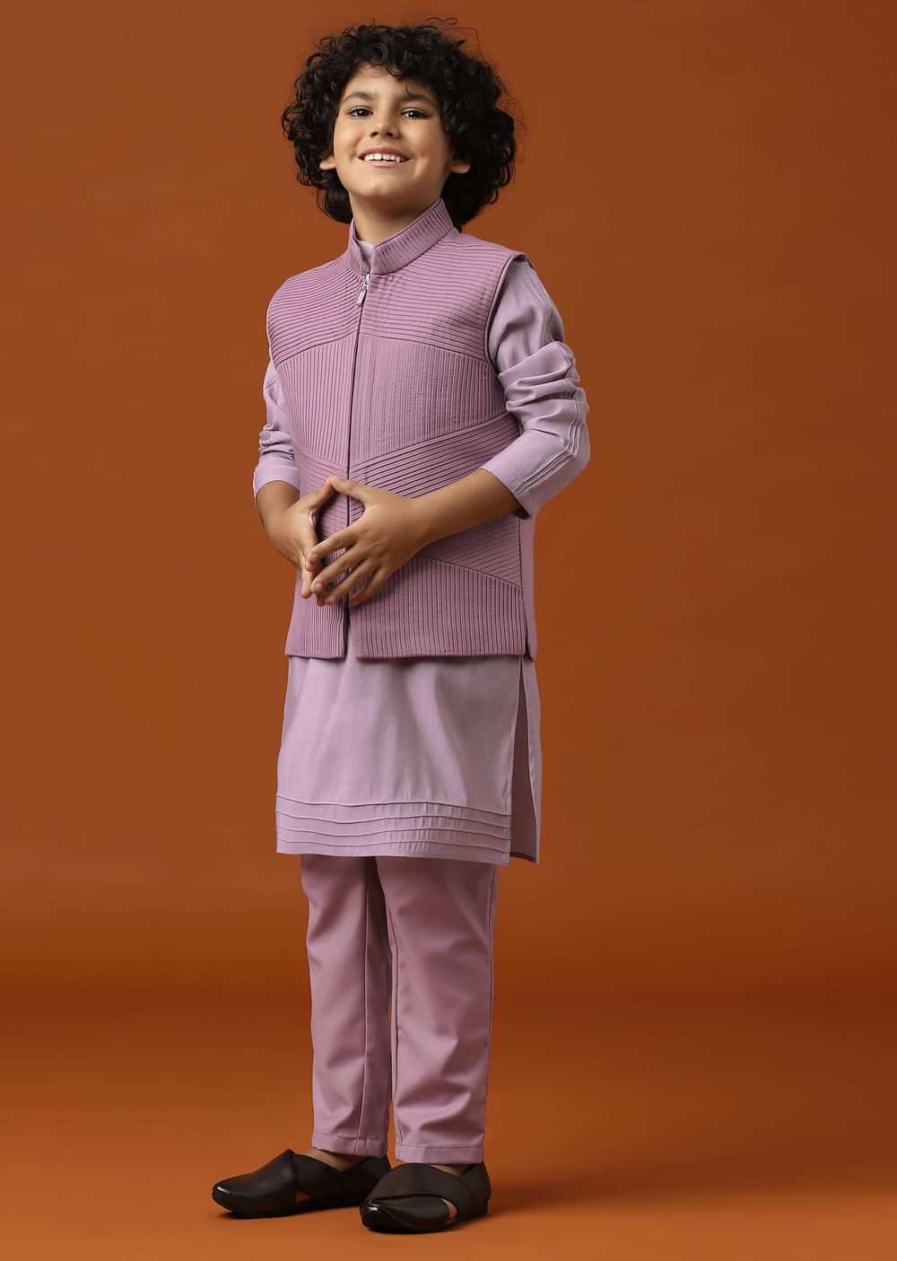 Kalki Mauve Purple Embroidered Kurta Jacket Set For Boys