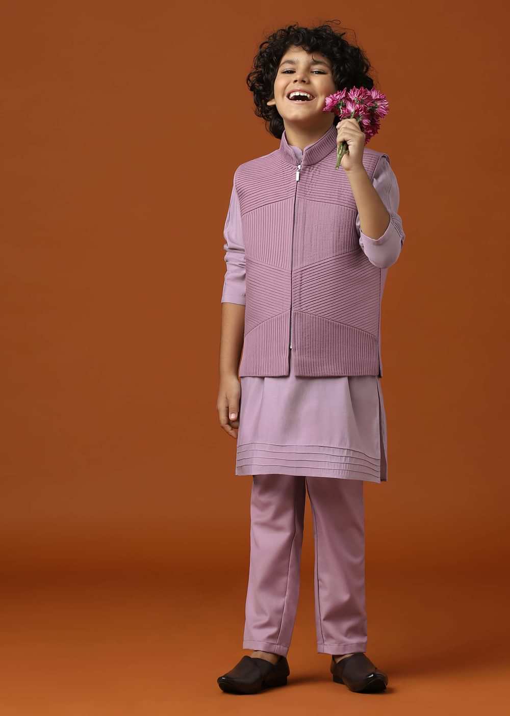 Kalki Mauve Purple Embroidered Kurta Jacket Set For Boys
