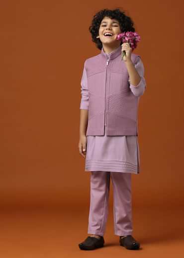 Kalki Mauve Purple Embroidered Kurta Jacket Set For Boys