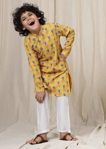 Kalki Mimosa Yellow Kurta Set In Silk With Threadwork For Boys