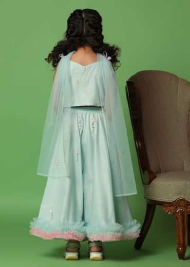Kalki Mint Blue Embroidered Blouse And Lehenga Set In Net For Girls