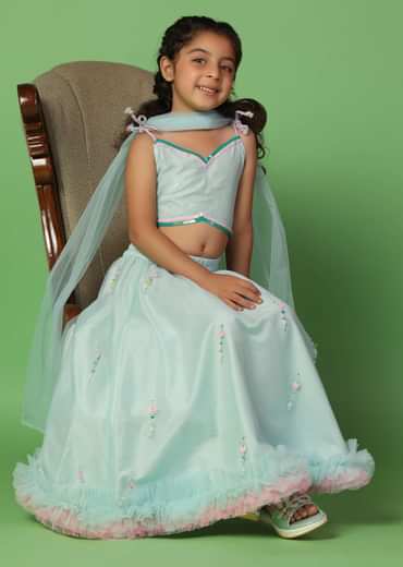 Kalki Mint Blue Embroidered Blouse And Lehenga Set In Net For Girls