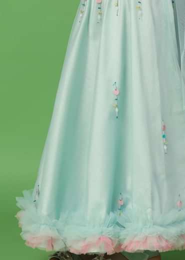 Kalki Mint Blue Embroidered Blouse And Lehenga Set In Net For Girls