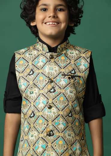 Kalki Multicolor Bandi Jacket And Black Kurta Set In Silk For Boys
