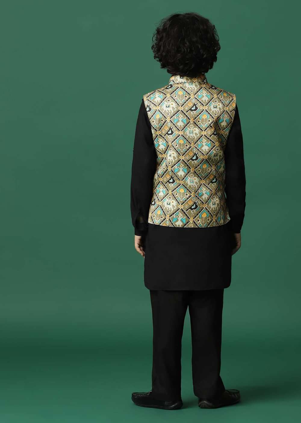 Kalki Multicolor Bandi Jacket And Black Kurta Set In Silk For Boys