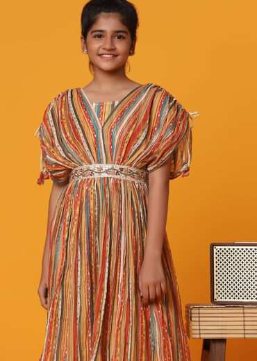 Kalki Multicolor Embroidered Gown In Georgette With Fancy Sleeves For Girls