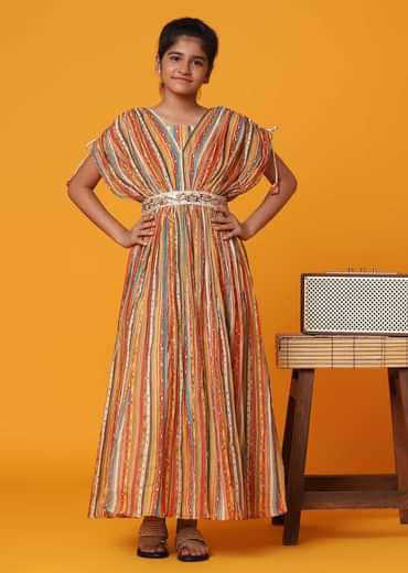 Kalki Multicolor Embroidered Gown In Georgette With Fancy Sleeves For Girls
