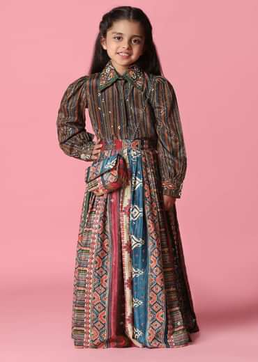 Kalki Multicolor Embroidered Skirt And Top Set In Satin Blend For Girls