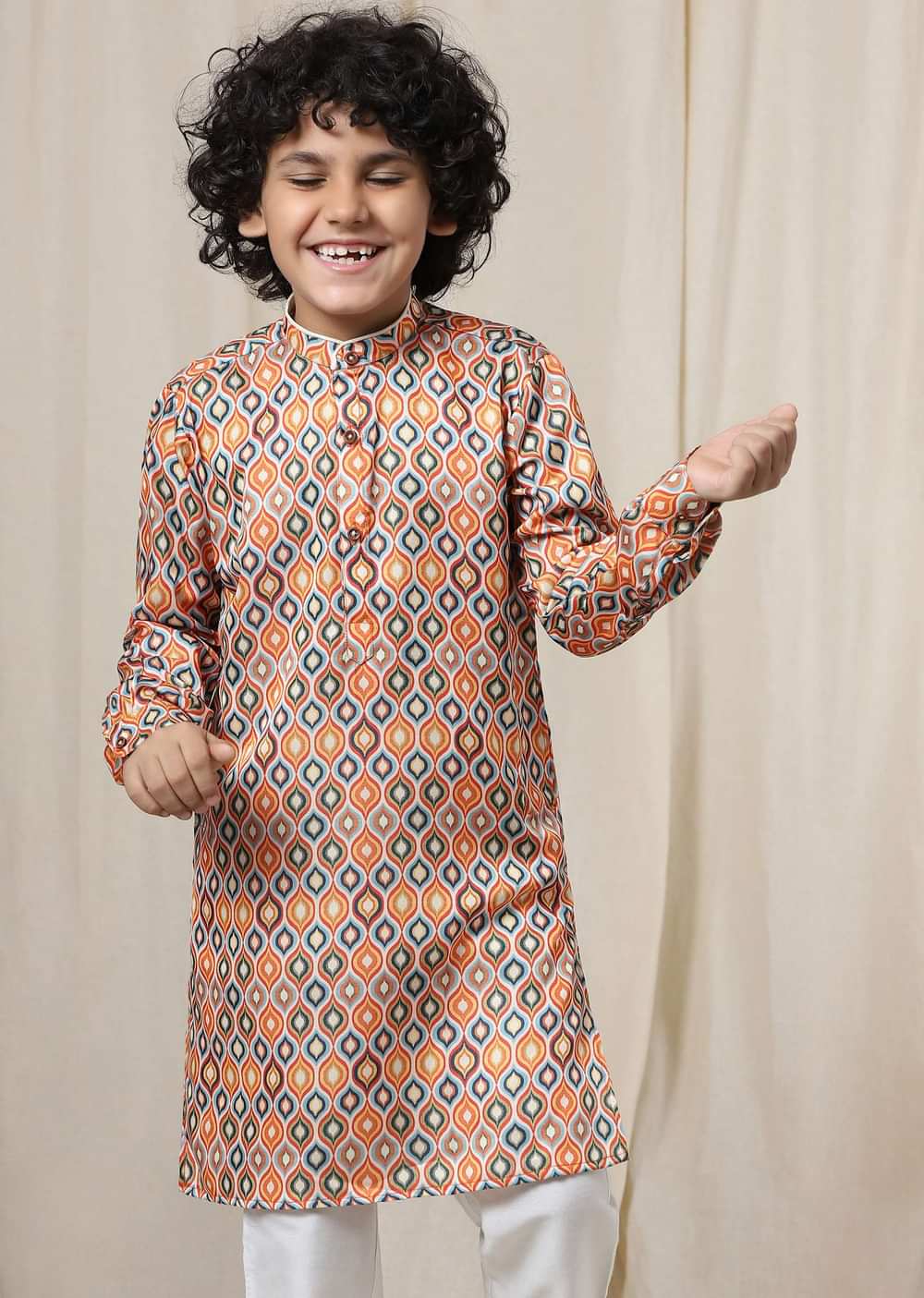 Kalki Multicolor Kurta Set In Silk With Ikkat Print For Boys