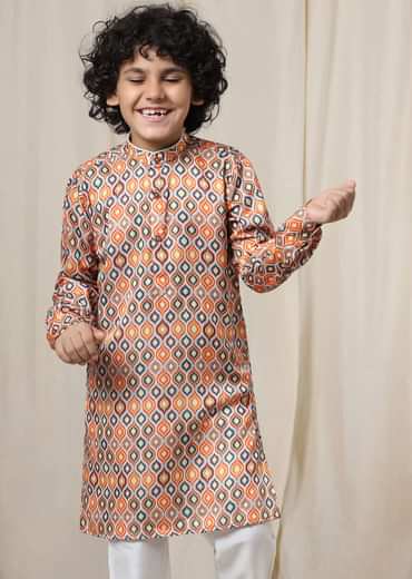 Kalki Multicolor Kurta Set In Silk With Ikkat Print For Boys
