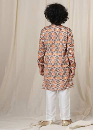 Kalki Multicolor Kurta Set In Silk With Ikkat Print For Boys