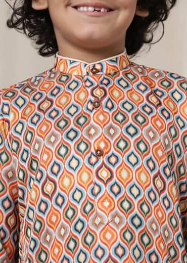 Kalki Multicolor Kurta Set In Silk With Ikkat Print For Boys
