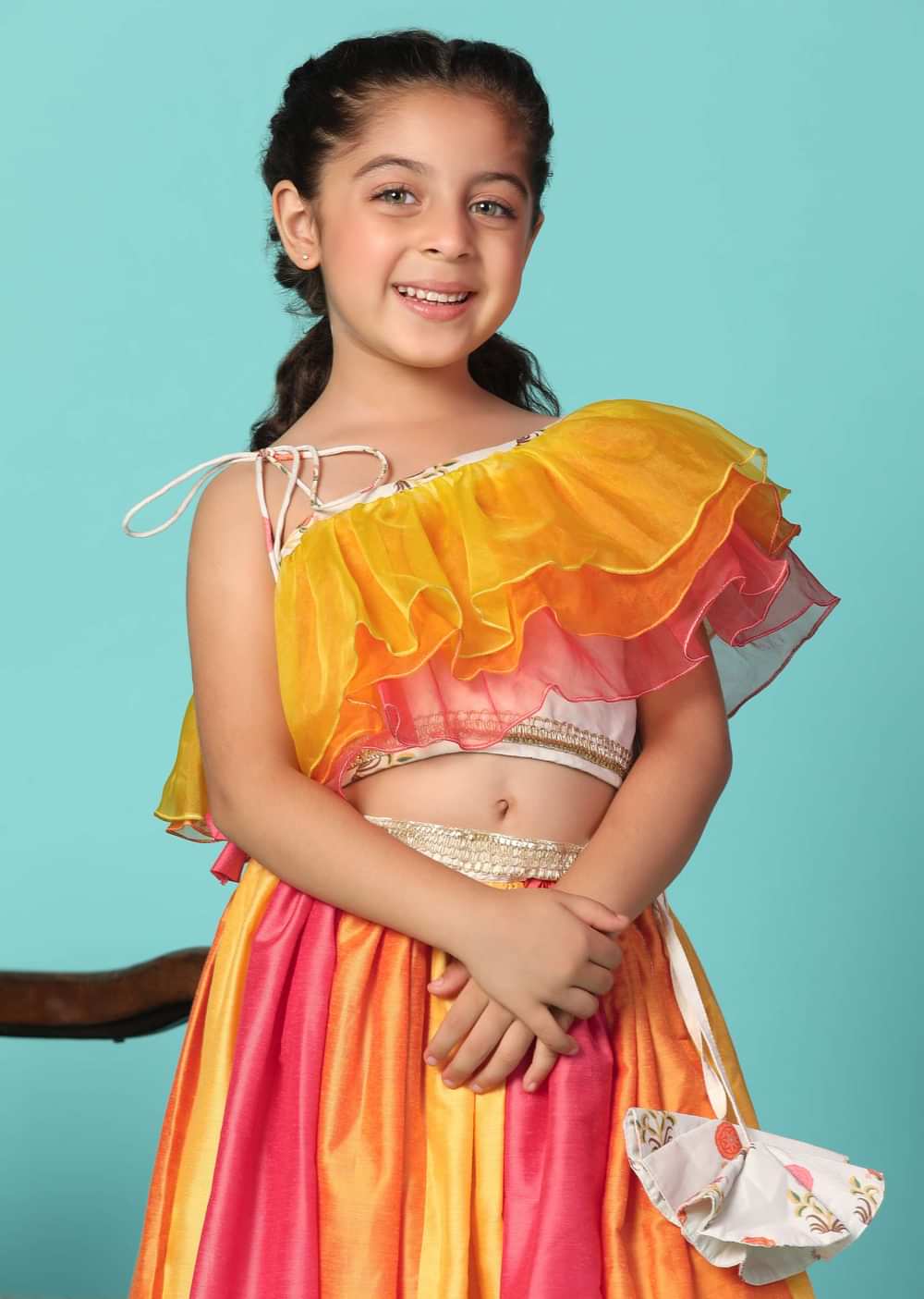 Kalki Multicolor Printed Top And Lehenga Set In Cotton Silk For Girls