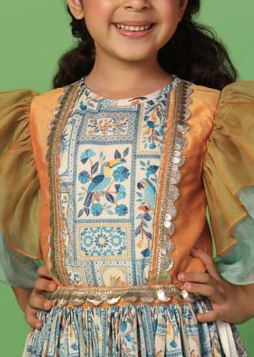 Kalki Multicolor Top And Lehenga Set In Cotton Silk For Girls