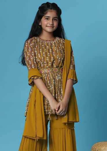 Kalki Mustard Yellow Printed Kurti And Sharara Set In Georgette For Girls
