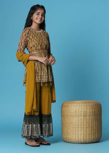 Kalki Mustard Yellow Printed Kurti And Sharara Set In Georgette For Girls