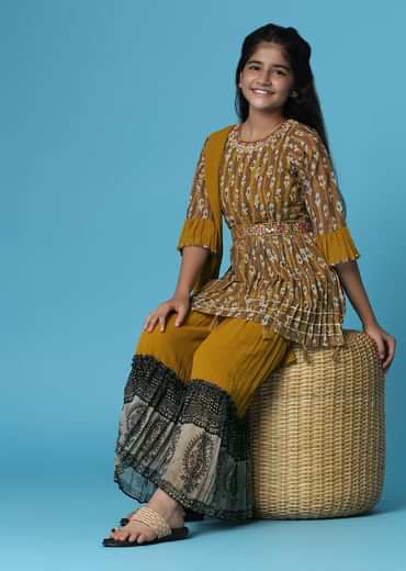 Kalki Mustard Yellow Printed Kurti And Sharara Set In Georgette For Girls