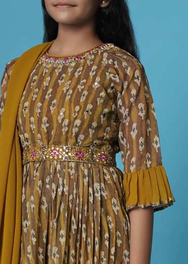 Kalki Mustard Yellow Printed Kurti And Sharara Set In Georgette For Girls
