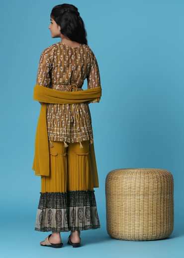 Kalki Mustard Yellow Printed Kurti And Sharara Set In Georgette For Girls