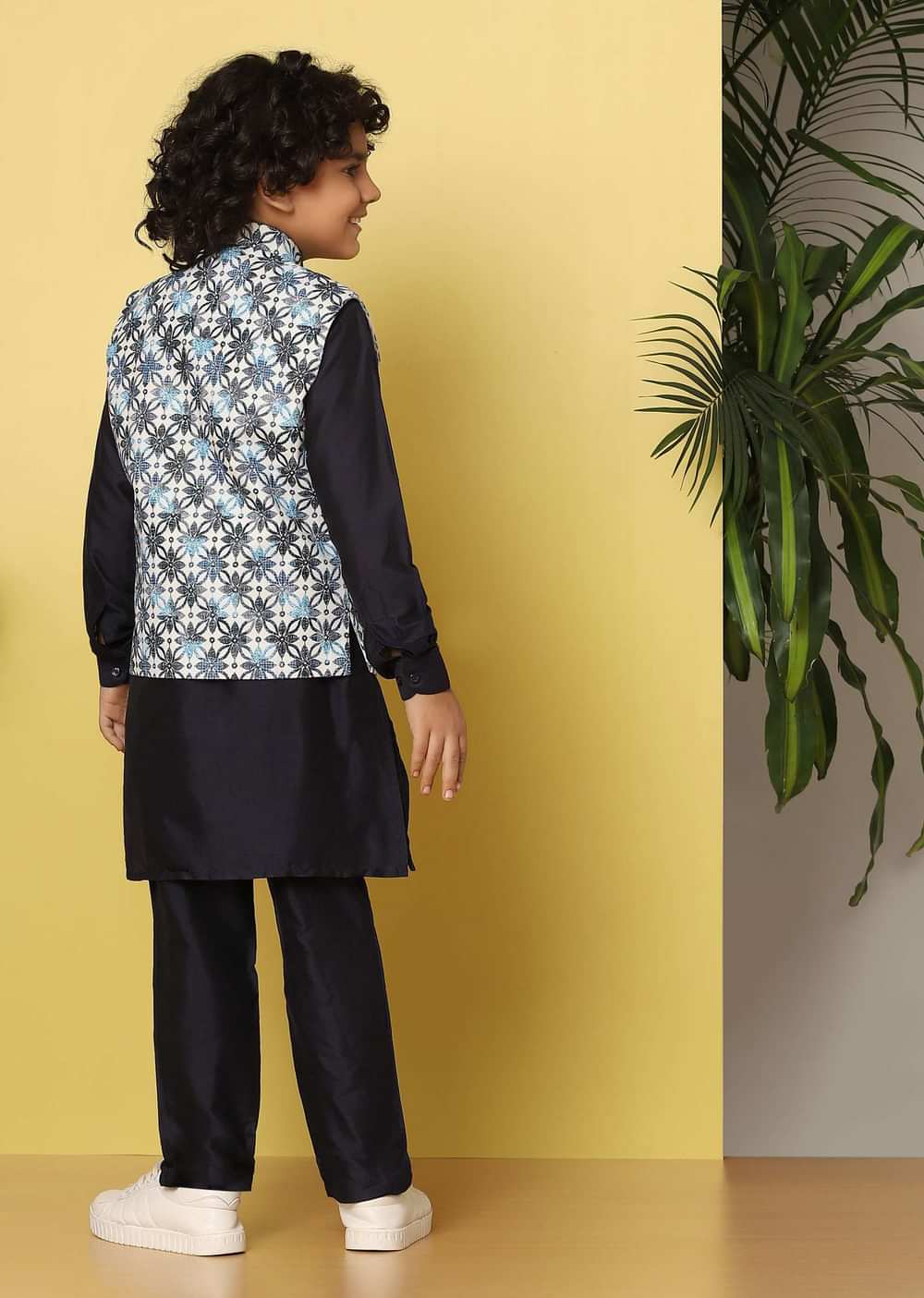 Kalki Navy Blue Bandi Jacket And Kurta Set In Silk With Threadwork For Boys