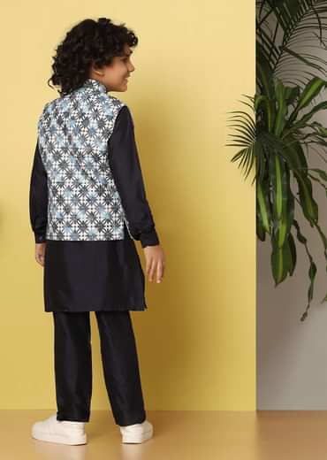 Kalki Navy Blue Bandi Jacket And Kurta Set In Silk With Threadwork For Boys