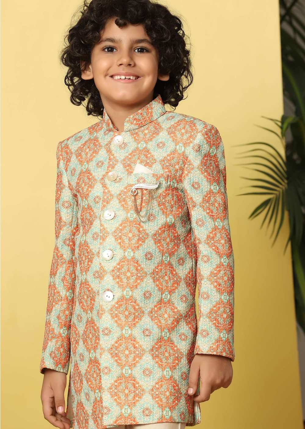 Kalki Orange Printed Sherwani Set In Silk For Boys