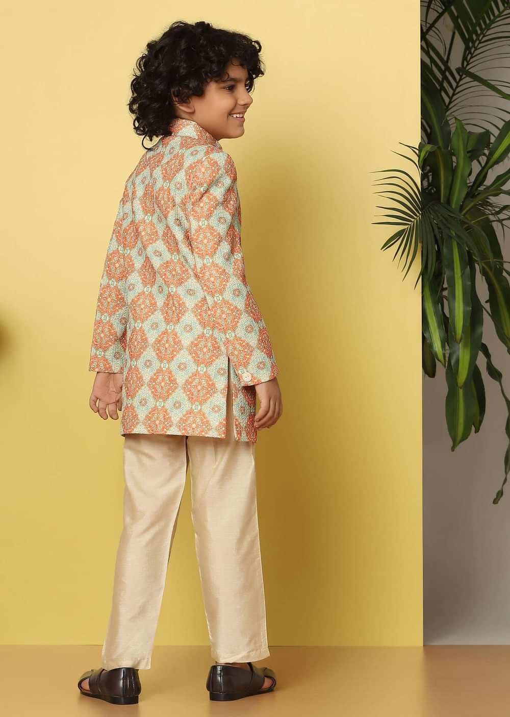 Kalki Orange Printed Sherwani Set In Silk For Boys