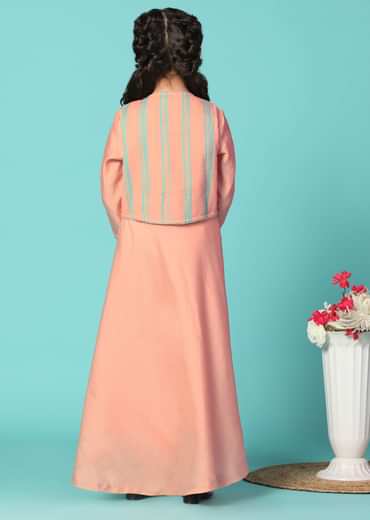 Kalki Peach Pink Printed Gown And Jacket Set In Cotton For Girls