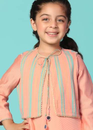 Kalki Peach Pink Printed Gown And Jacket Set In Cotton For Girls