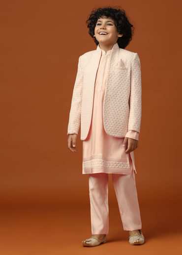 Kalki Peach Pink Sherwani Set In Silk With Threadwork For Boys