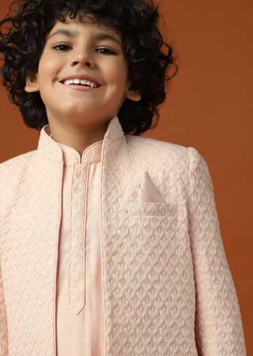 Kalki Peach Pink Sherwani Set In Silk With Threadwork For Boys