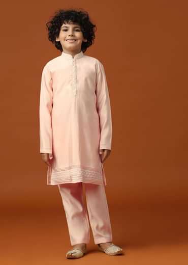Kalki Peach Pink Sherwani Set In Silk With Threadwork For Boys