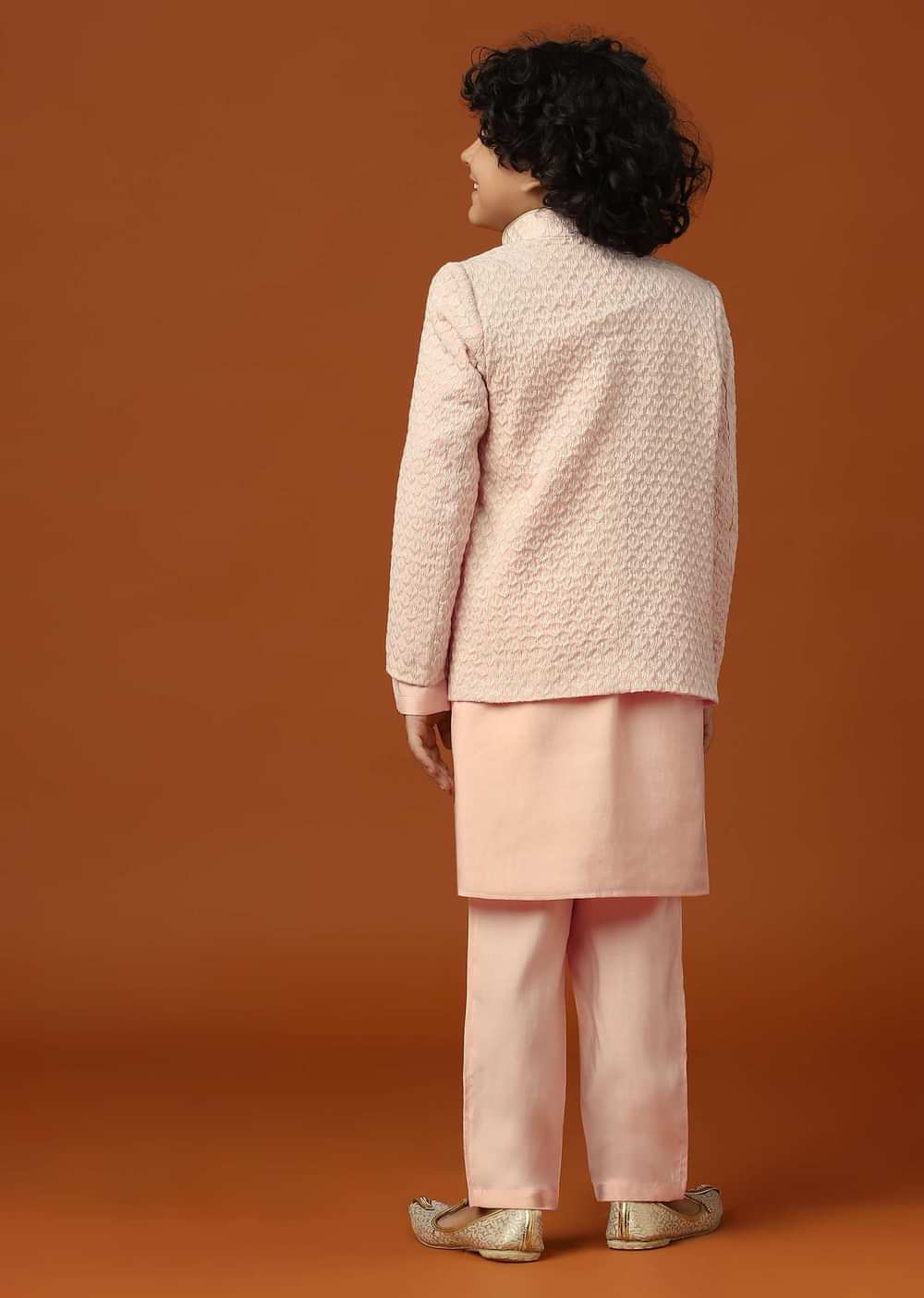 Kalki Peach Pink Sherwani Set In Silk With Threadwork For Boys