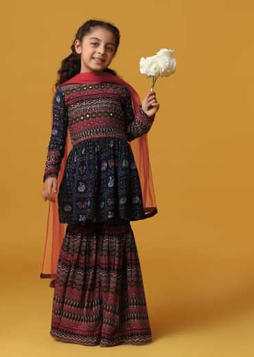 Kalki Peacock Blue Printed Kurta And Sharara Set In Georgette For Girls