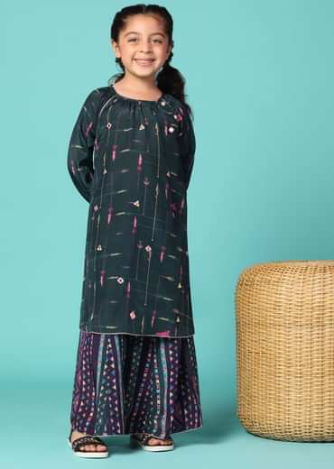 Kalki Peacock Green Kurta Palazzo Set With Mirrorwork In Silk For Girls