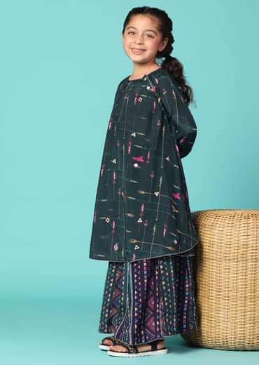 Kalki Peacock Green Kurta Palazzo Set With Mirrorwork In Silk For Girls
