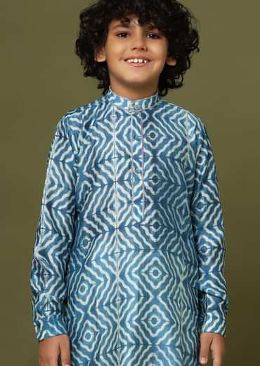 Kalki Persian Blue Printed Kurta Set In Tussar Silk For Boys