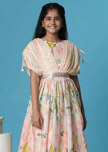 Kalki Petal Pink Gown In Georgette With Fancy Sleeves For Girls