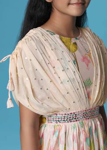 Kalki Petal Pink Gown In Georgette With Fancy Sleeves For Girls