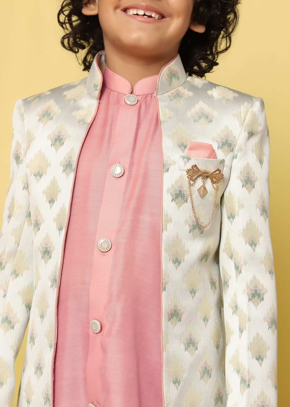 Kalki Pink Printed Sherwani Set In Raw Silk For Boys