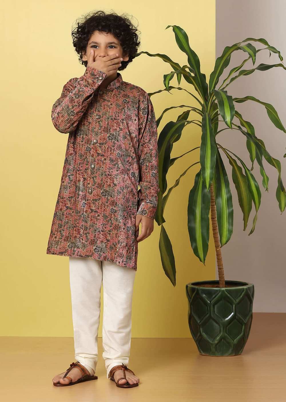 Kalki Rose Red Boys Kurta Set In Silk With Floral Print
