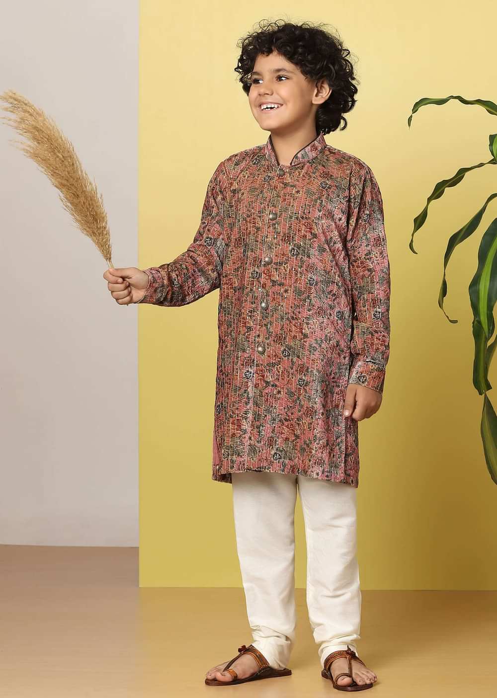 Kalki Rose Red Boys Kurta Set In Silk With Floral Print