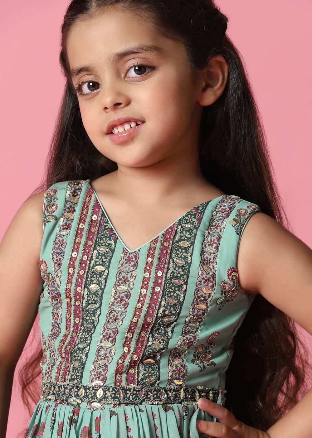 Kalki Sea Green Embroidered Jumpsuit In Georgette With Floral Print For Girls