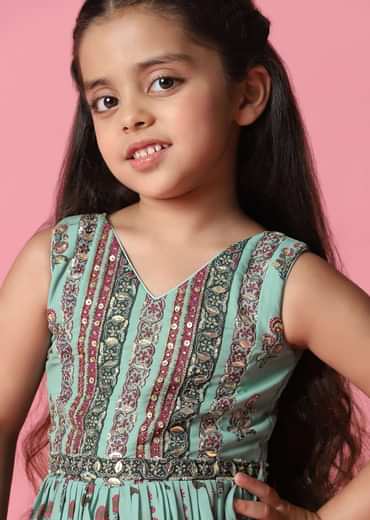 Kalki Sea Green Embroidered Jumpsuit In Georgette With Floral Print For Girls